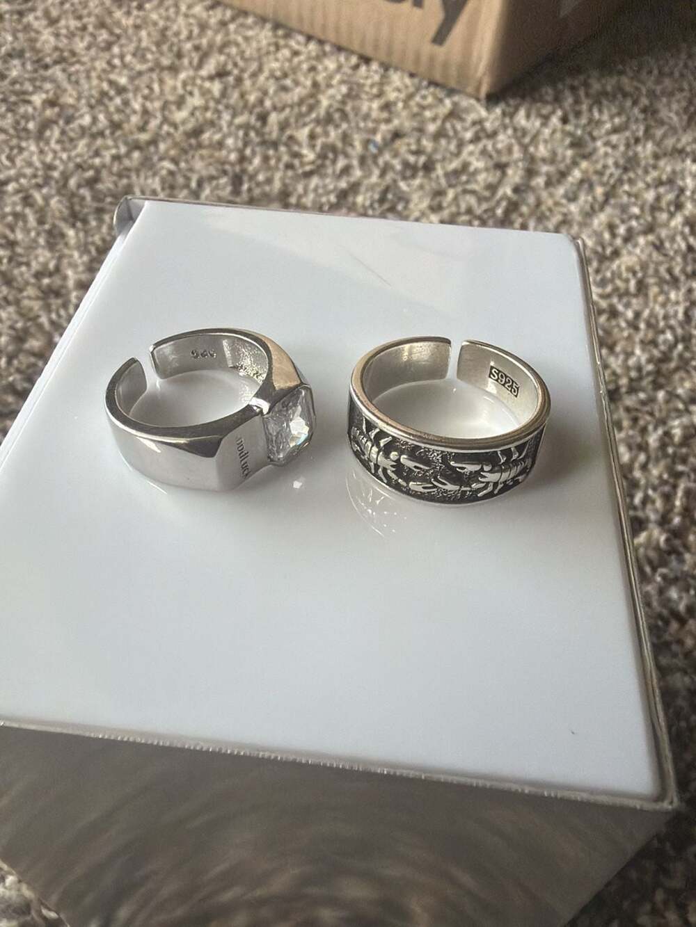 Set of 2 S925 Sterling Silver Adjustable Rings - Scorpion Motif and Cubic Zircon
